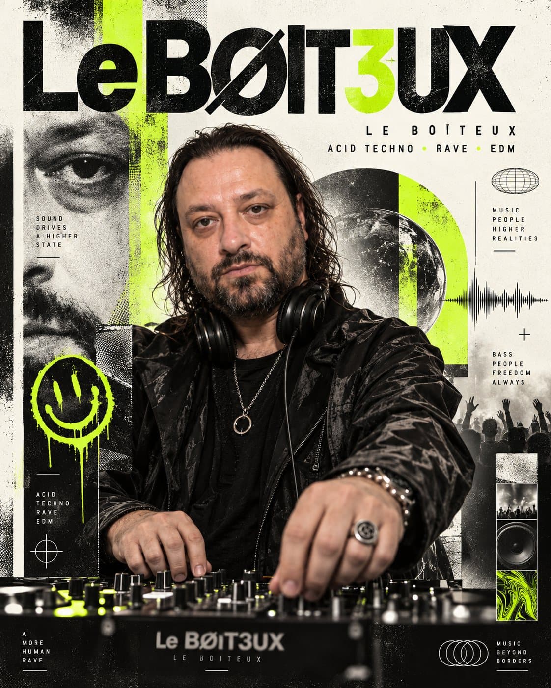 Le BØ1T3UX wearing headphones at the decks